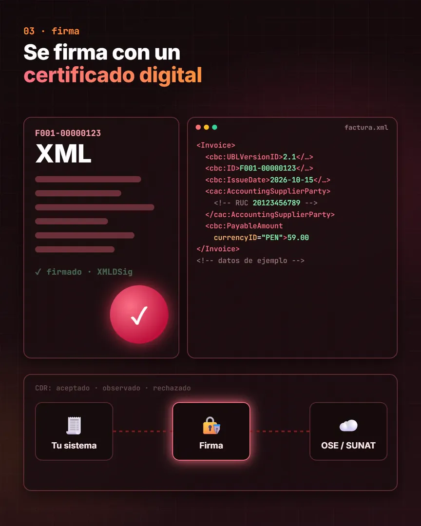 Fotograma del video: el XML firmado con un certificado digital (datos de ejemplo)