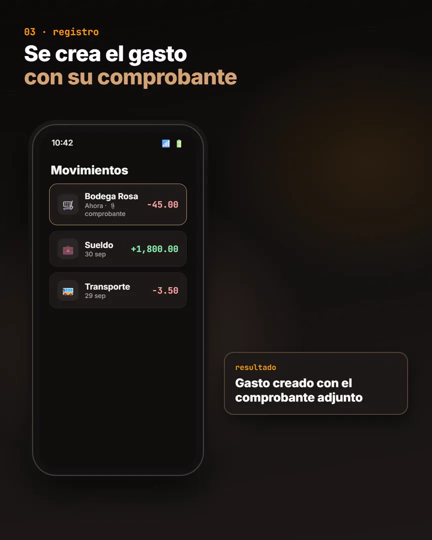 Pantalla de ejemplo: el gasto queda registrado en Movimientos con su comprobante adjunto (datos de ejemplo)